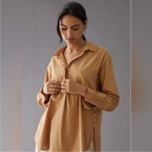 Anthropologie Tops - By ANTHROPOLOGIE Women’s Tan Button-Side Cotton Tunic Blouse Long Sleeve Size Me